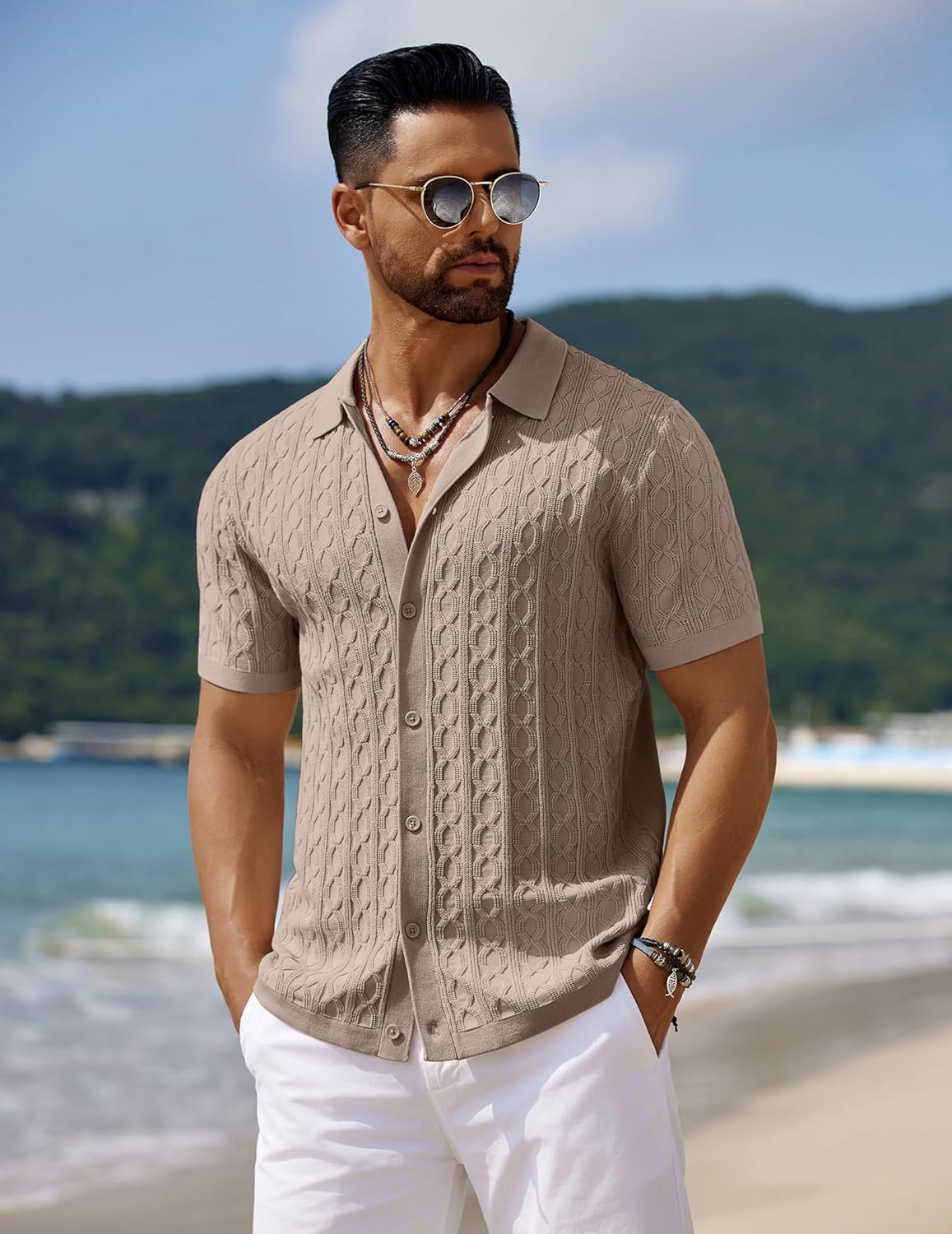 Men's Knit Short Sleeve Shirts Button Down Vintage Knitted Polo Shirt - Picture 36 of 76