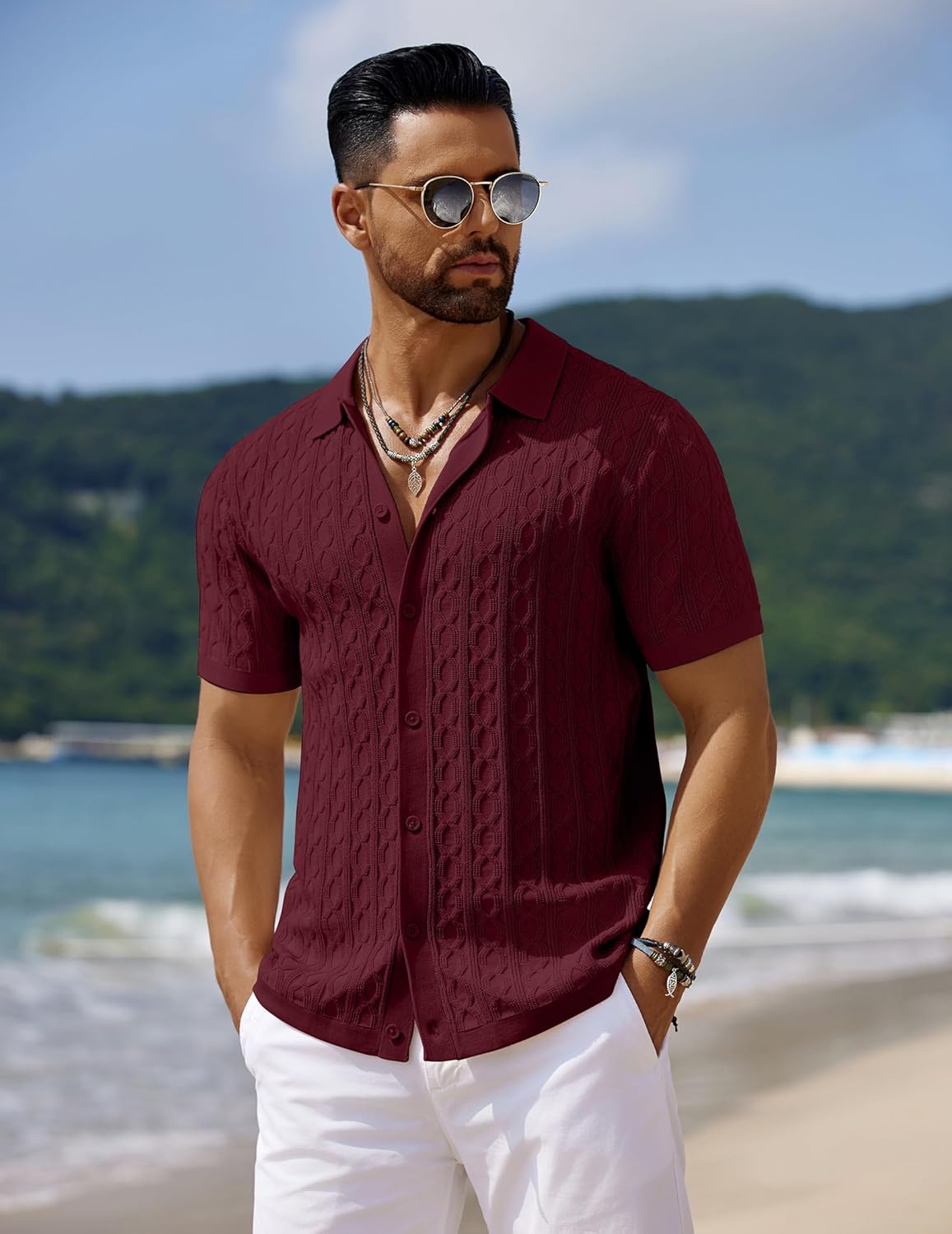 Men's Knit Short Sleeve Shirts Button Down Vintage Knitted Polo Shirt - Picture 40 of 76