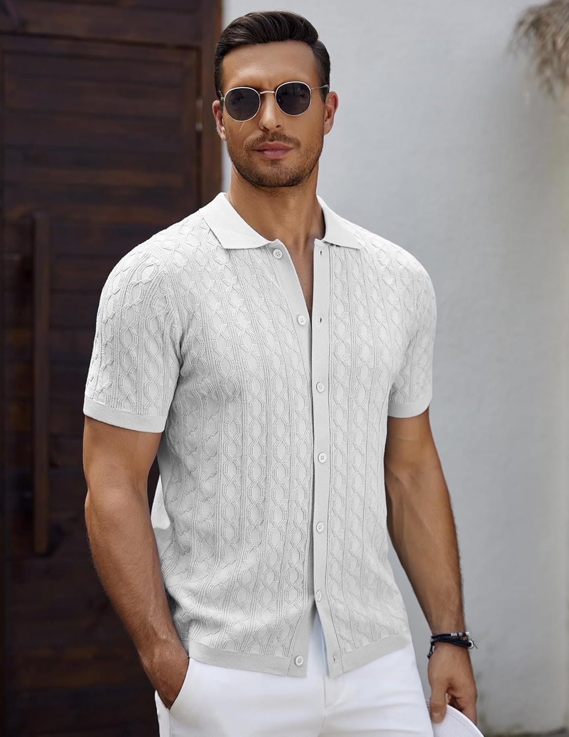 Men's Knit Short Sleeve Shirts Button Down Vintage Knitted Polo Shirt - Picture 43 of 76
