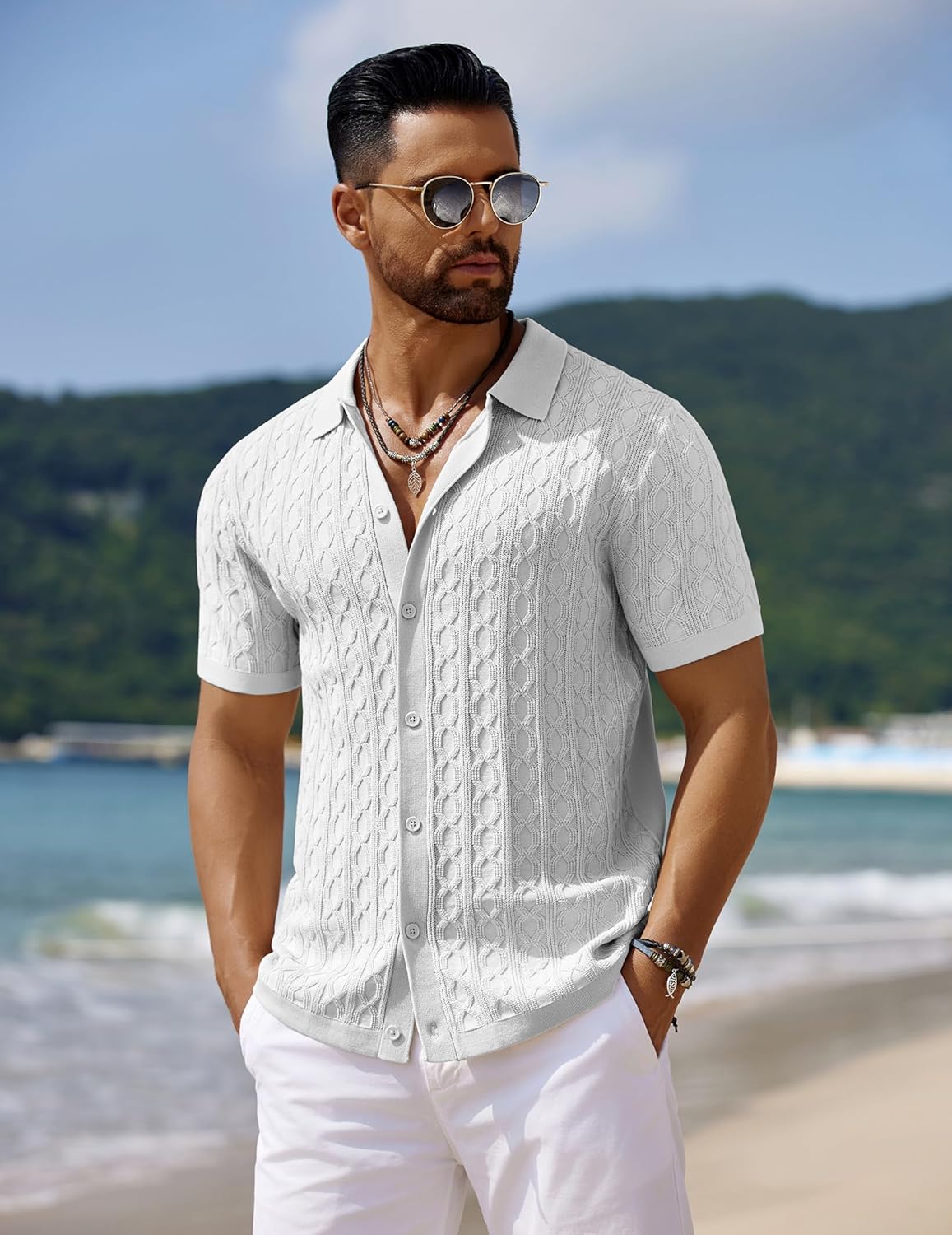 Men's Knit Short Sleeve Shirts Button Down Vintage Knitted Polo Shirt - Picture 44 of 76