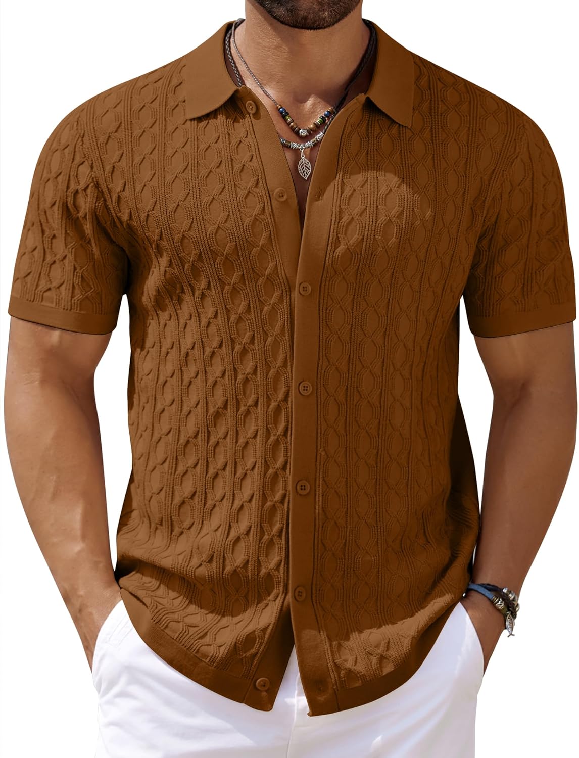 Men's Knit Short Sleeve Shirts Button Down Vintage Knitted Polo Shirt - Picture 45 of 76