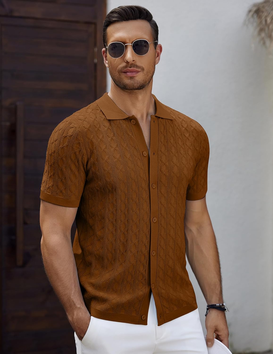 Men's Knit Short Sleeve Shirts Button Down Vintage Knitted Polo Shirt - Picture 47 of 76