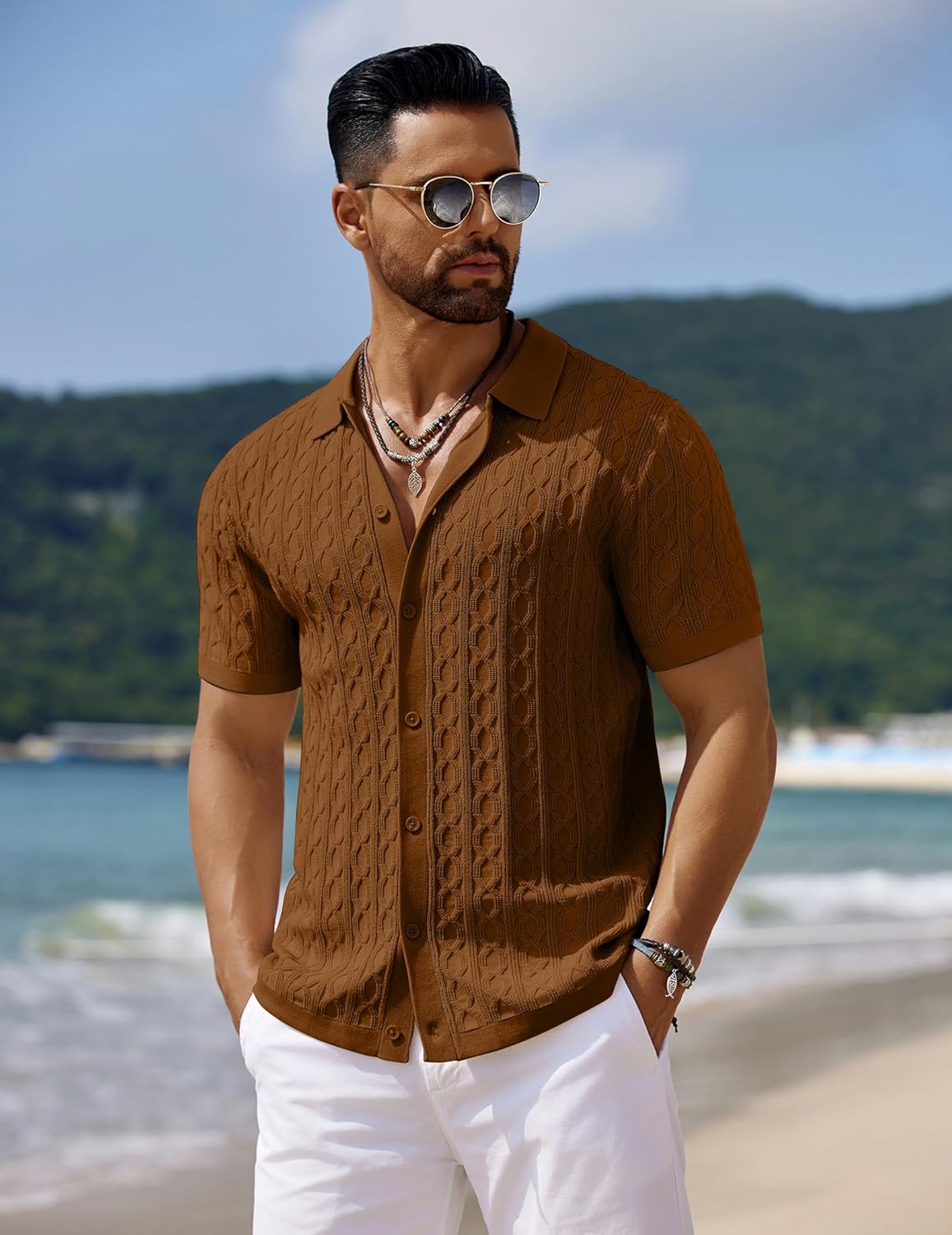 Men's Knit Short Sleeve Shirts Button Down Vintage Knitted Polo Shirt - Picture 48 of 76