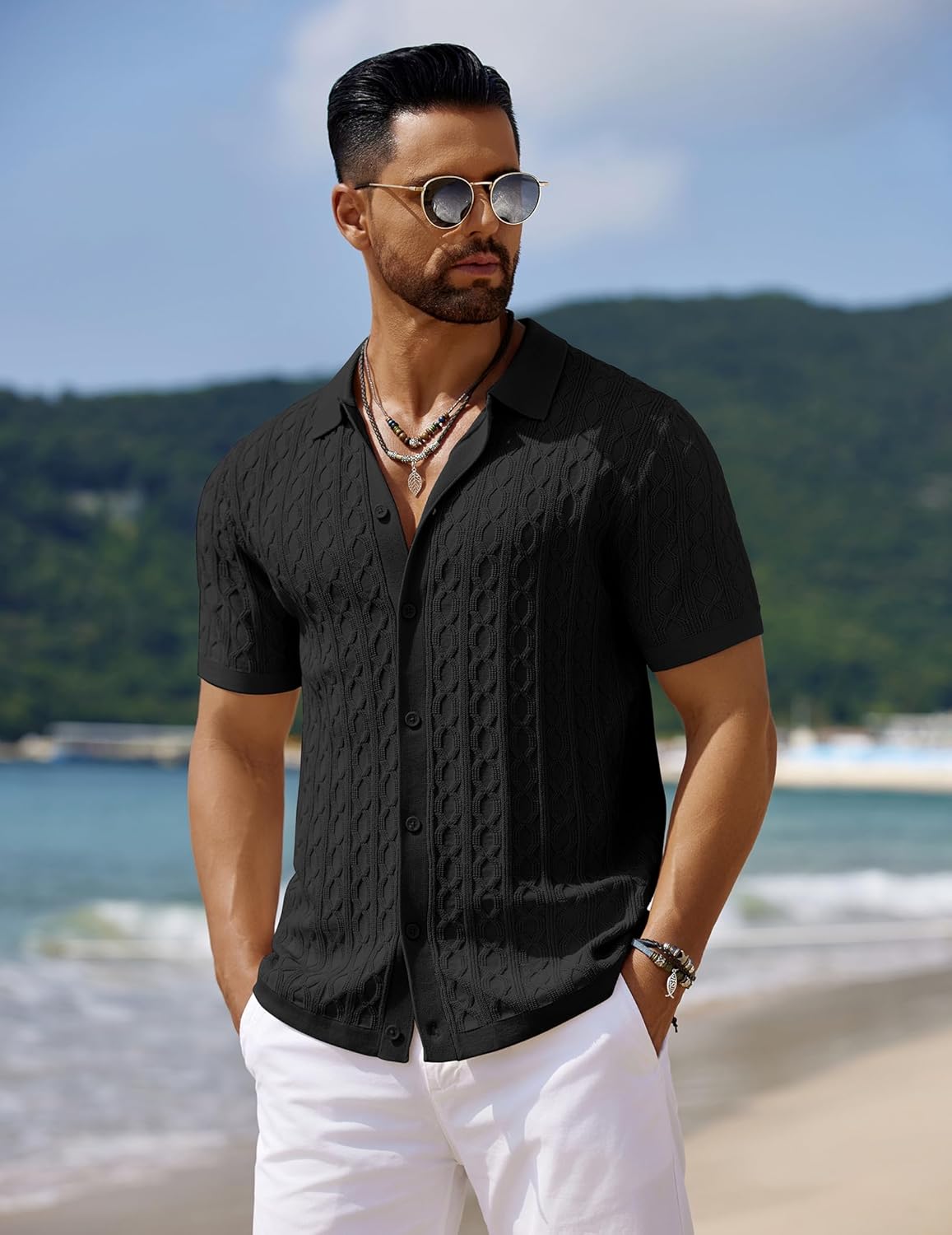 Men's Knit Short Sleeve Shirts Button Down Vintage Knitted Polo Shirt - Picture 52 of 76