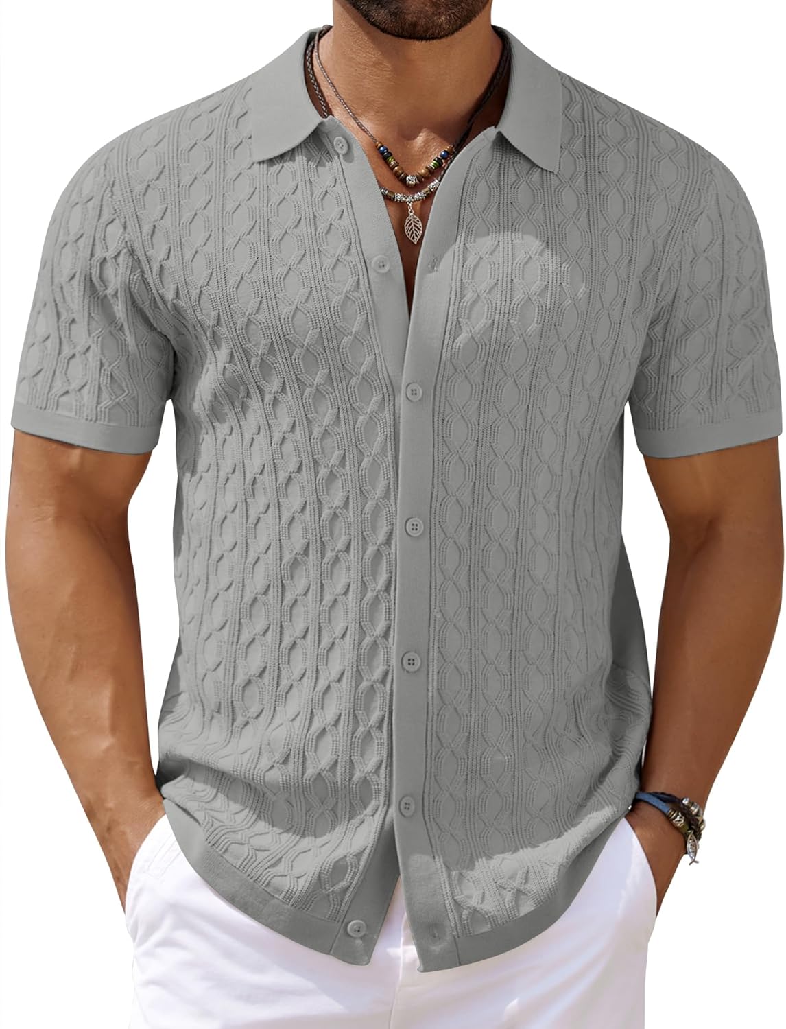 Men's Knit Short Sleeve Shirts Button Down Vintage Knitted Polo Shirt - Picture 53 of 76