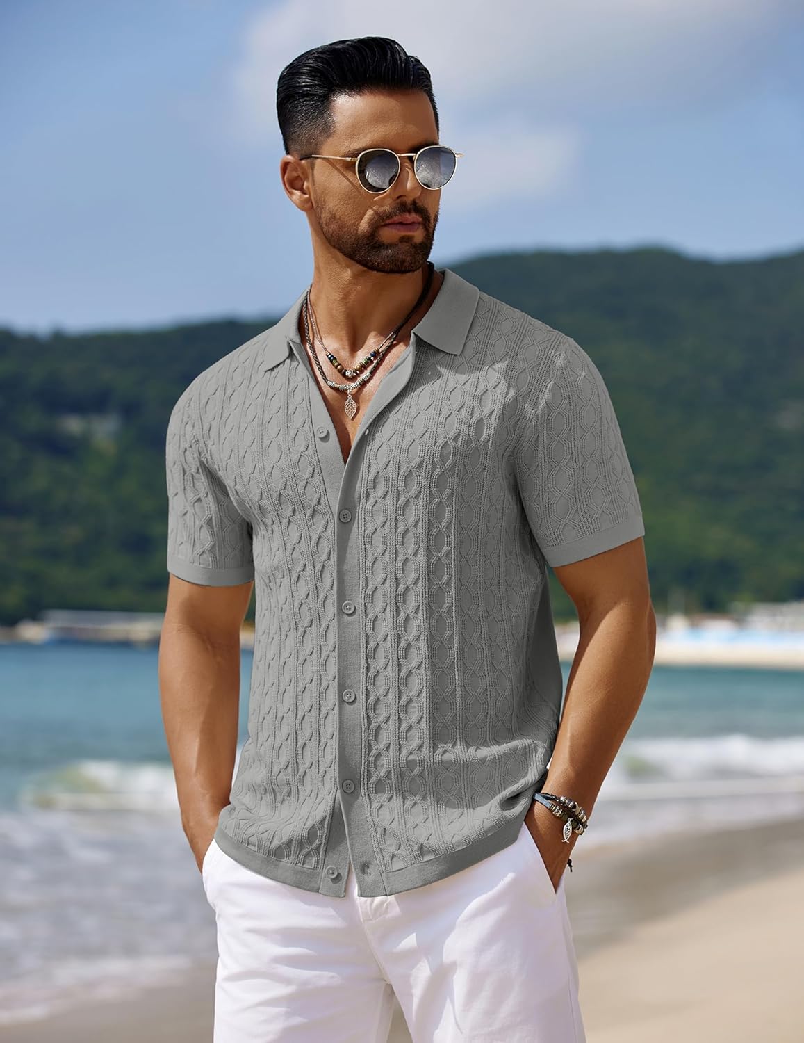 Men's Knit Short Sleeve Shirts Button Down Vintage Knitted Polo Shirt - Picture 56 of 76