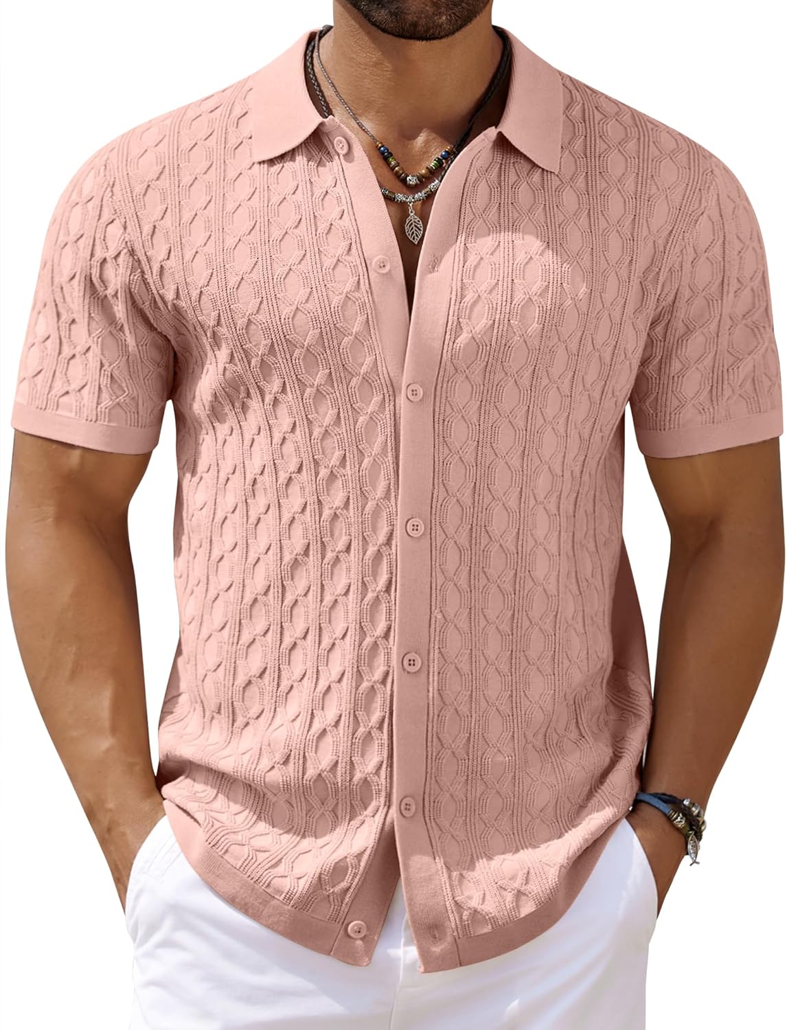 Men's Knit Short Sleeve Shirts Button Down Vintage Knitted Polo Shirt - Picture 57 of 76