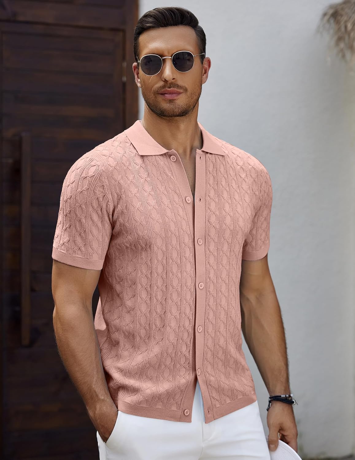 Men's Knit Short Sleeve Shirts Button Down Vintage Knitted Polo Shirt - Picture 59 of 76