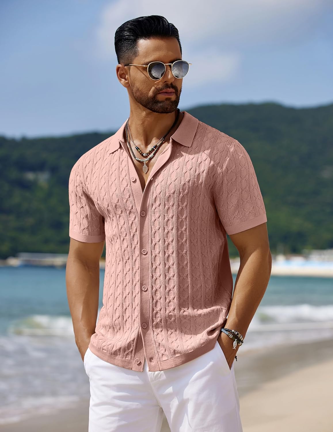 Men's Knit Short Sleeve Shirts Button Down Vintage Knitted Polo Shirt - Picture 60 of 76