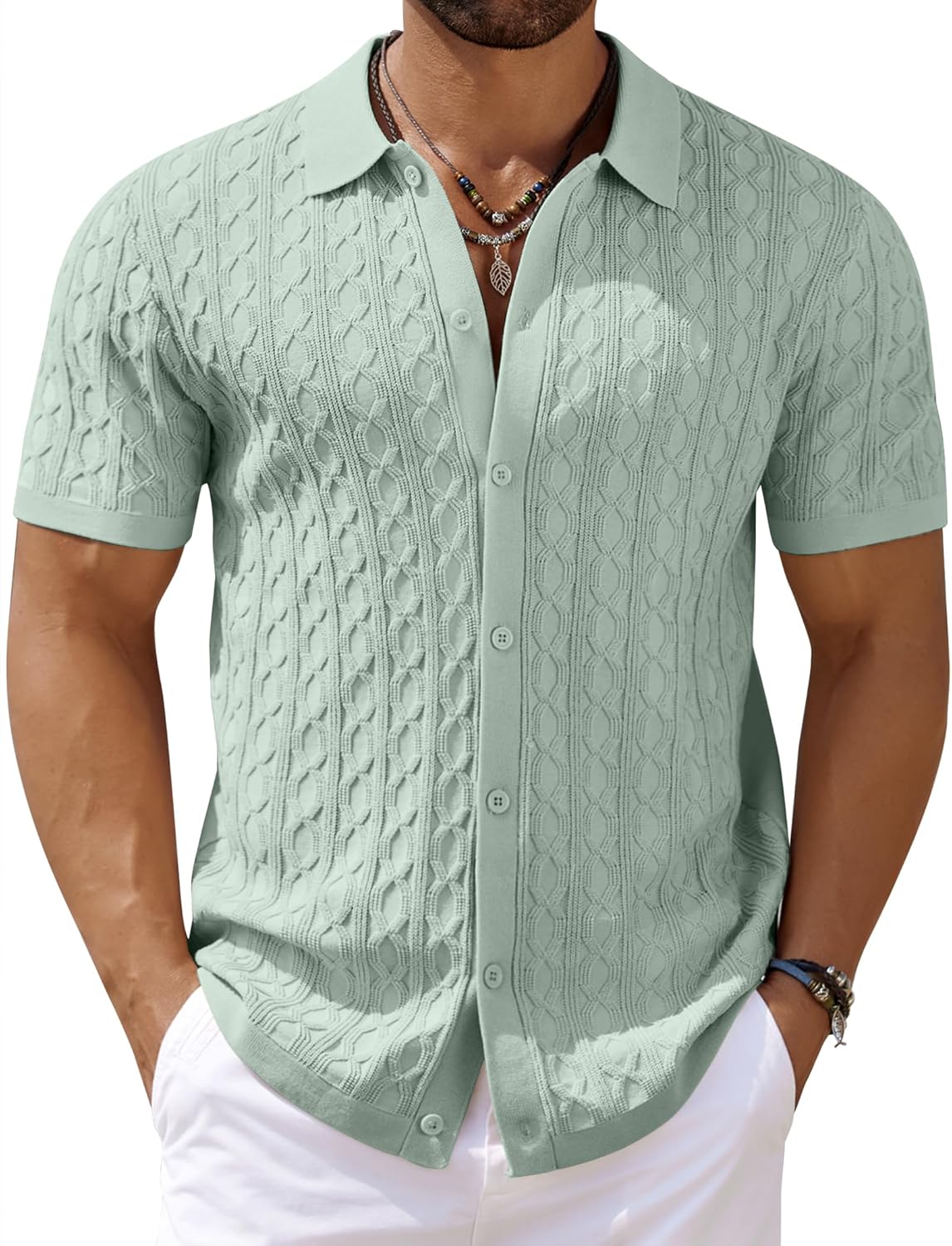 Men's Knit Short Sleeve Shirts Button Down Vintage Knitted Polo Shirt - Picture 61 of 76