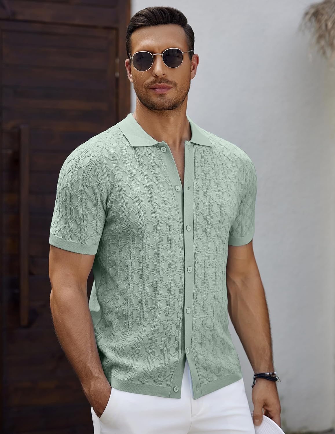 Men's Knit Short Sleeve Shirts Button Down Vintage Knitted Polo Shirt - Picture 63 of 76