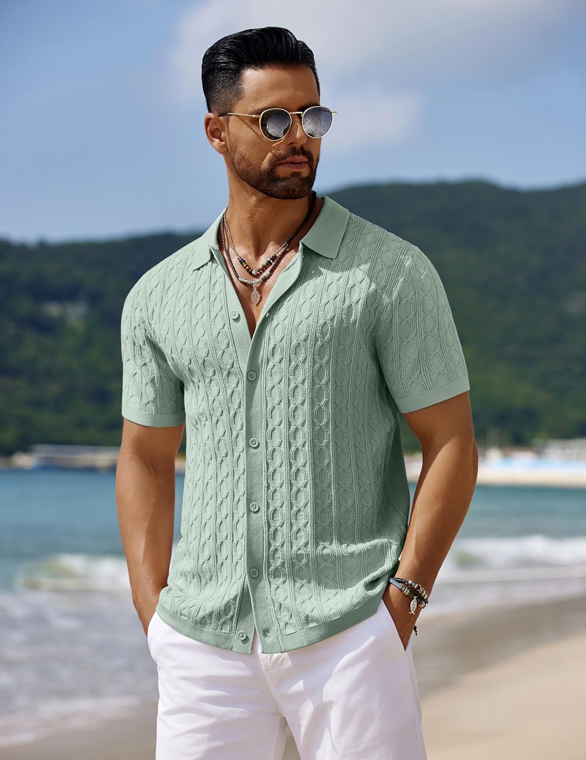 Men's Knit Short Sleeve Shirts Button Down Vintage Knitted Polo Shirt - Picture 64 of 76