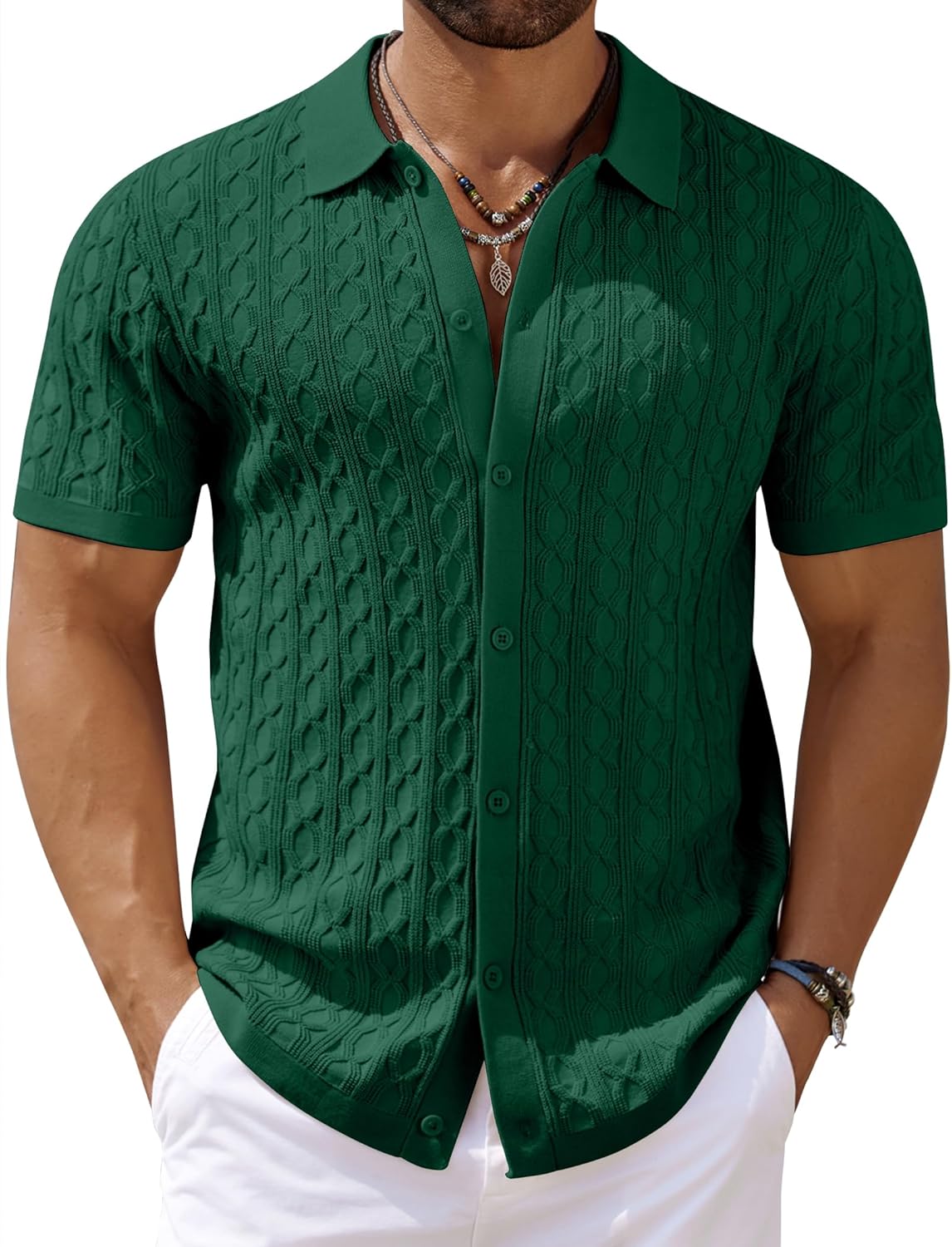 Men's Knit Short Sleeve Shirts Button Down Vintage Knitted Polo Shirt - Picture 65 of 76