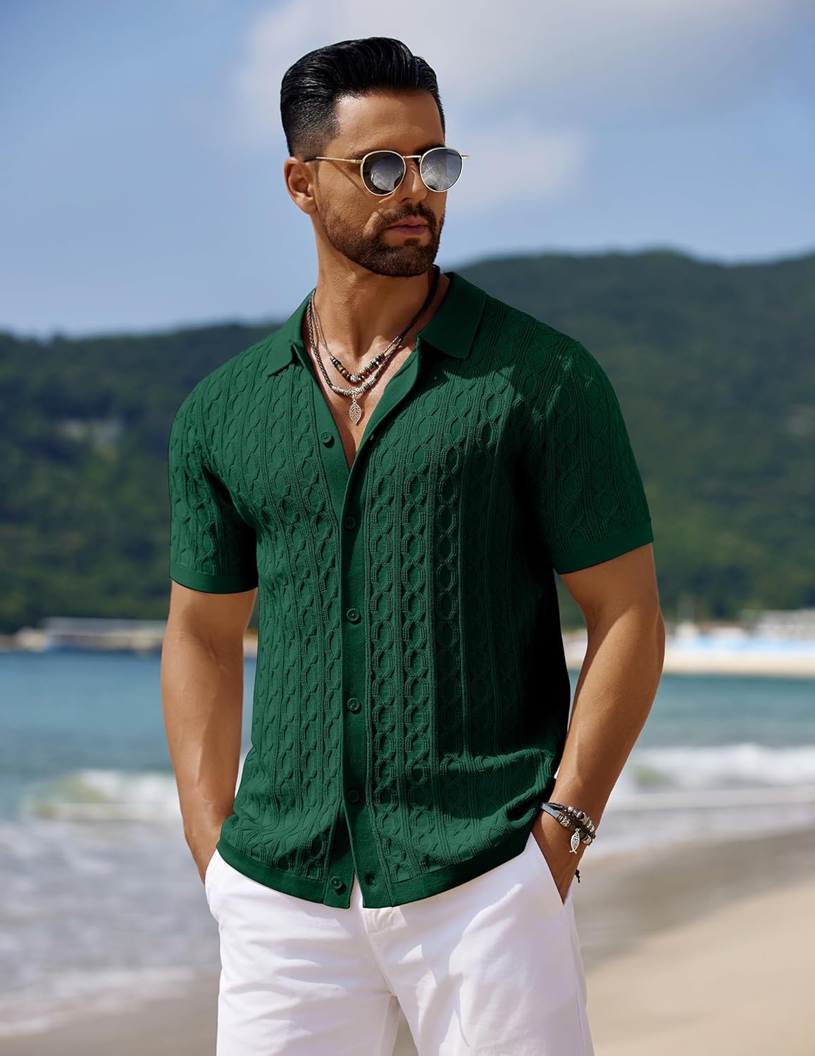 Men's Knit Short Sleeve Shirts Button Down Vintage Knitted Polo Shirt - Picture 68 of 76