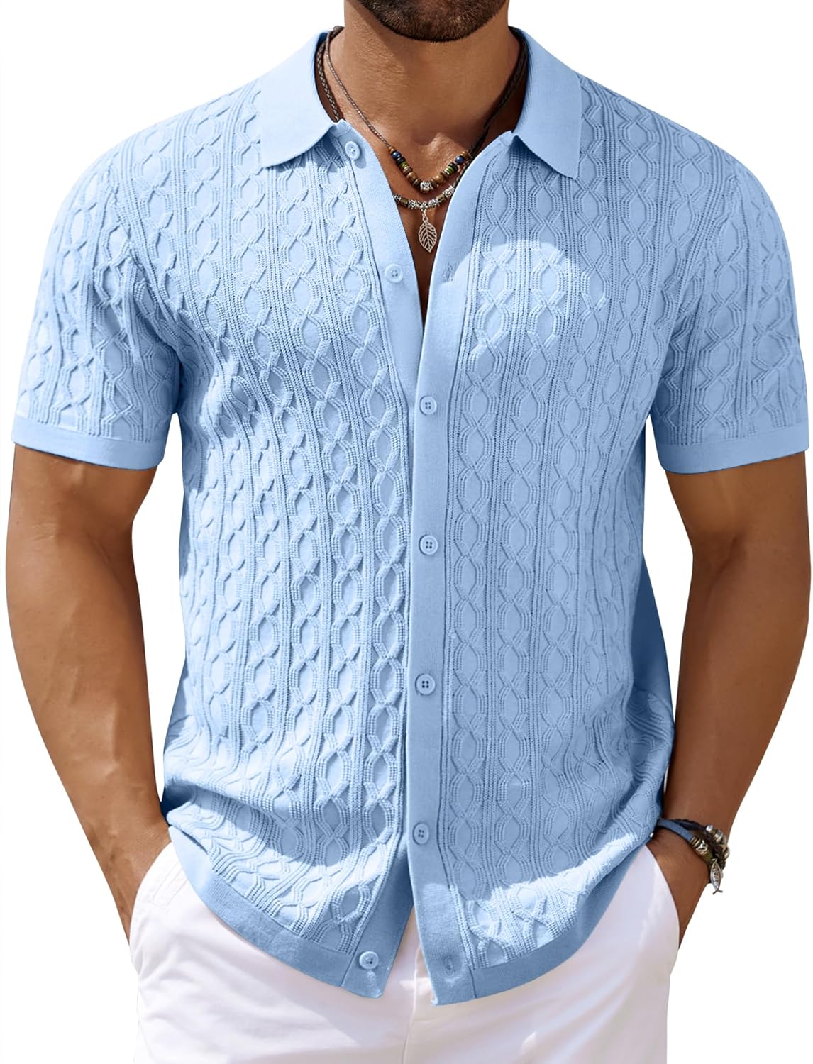 Men's Knit Short Sleeve Shirts Button Down Vintage Knitted Polo Shirt - Picture 69 of 76