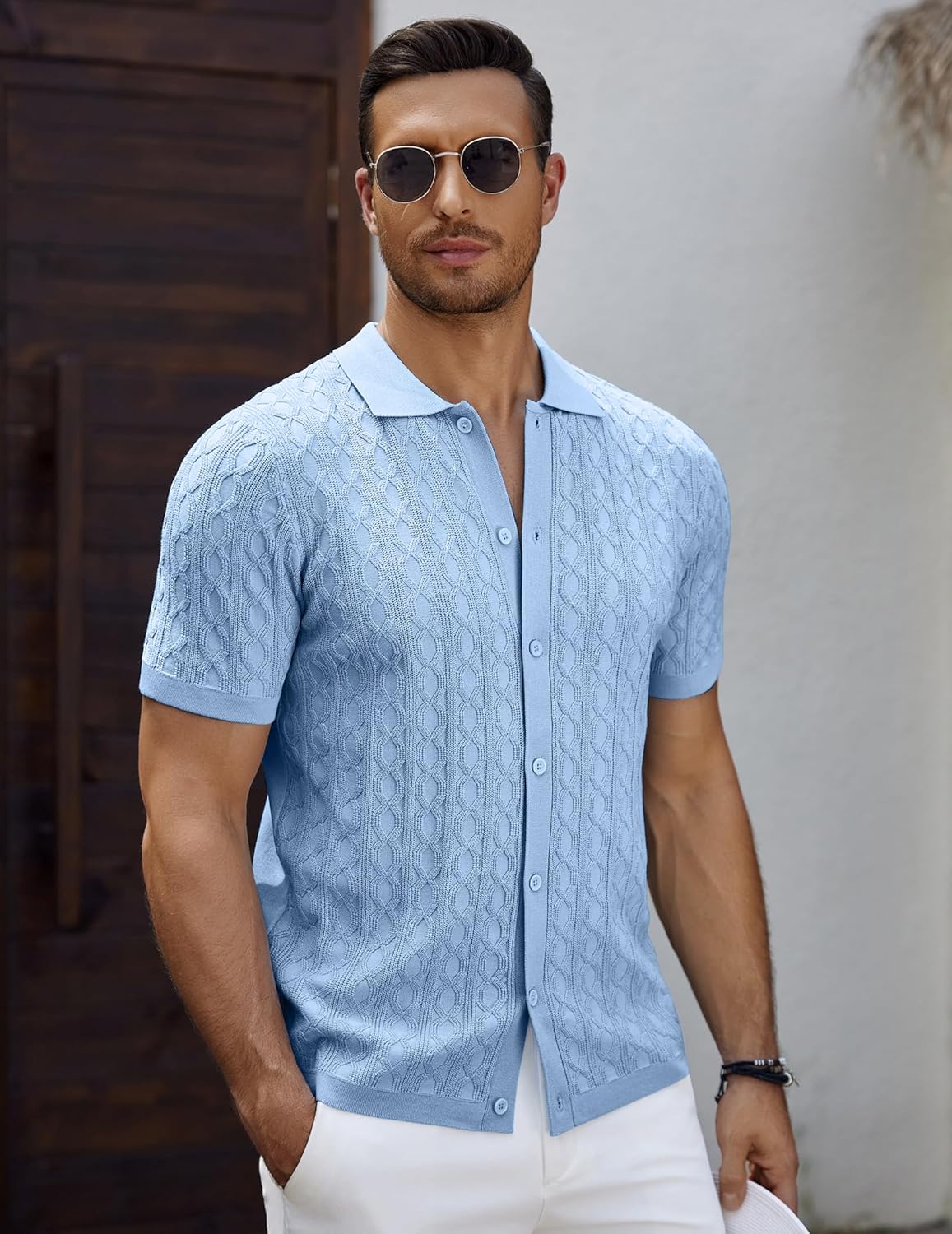 Men's Knit Short Sleeve Shirts Button Down Vintage Knitted Polo Shirt - Picture 71 of 76