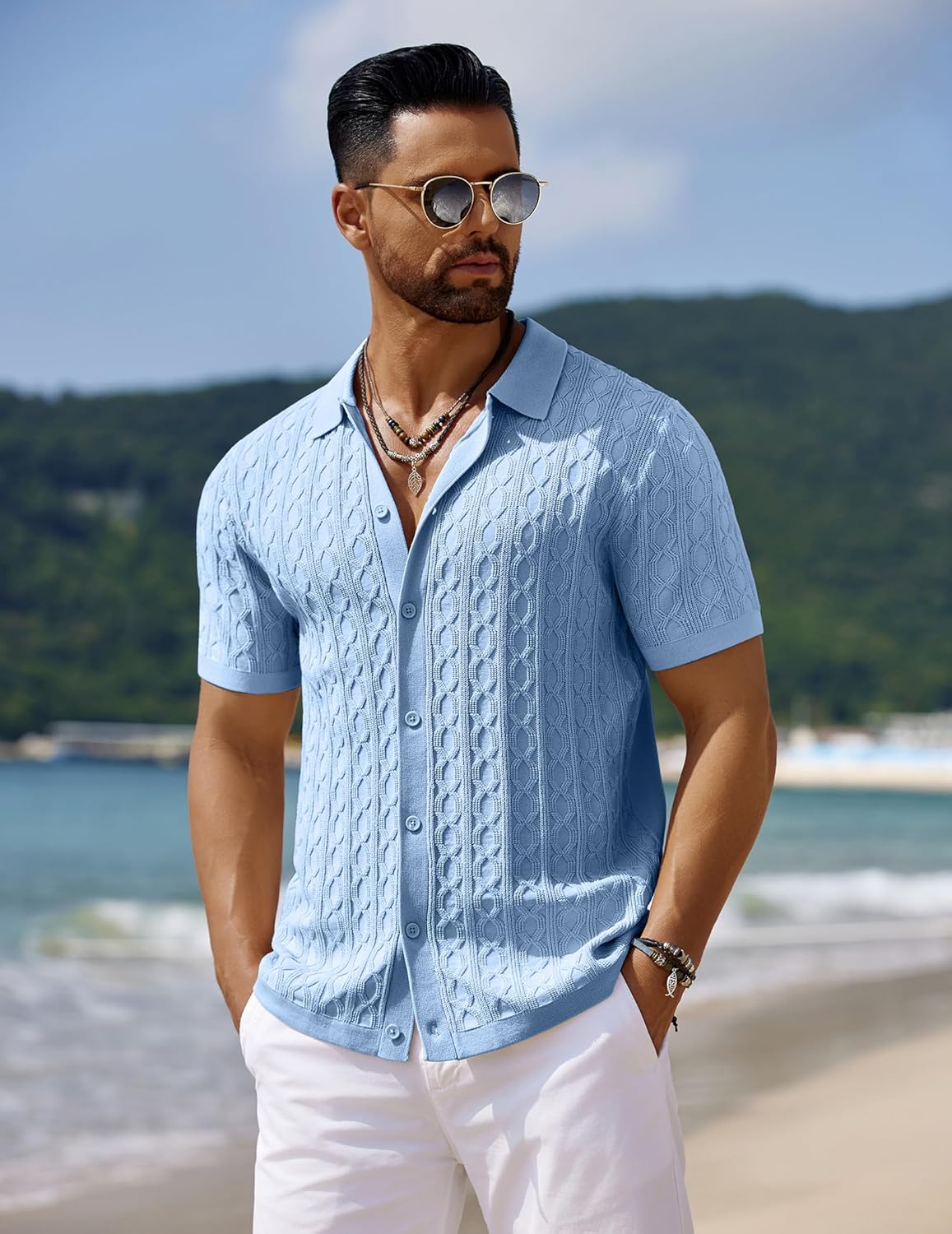 Men's Knit Short Sleeve Shirts Button Down Vintage Knitted Polo Shirt - Picture 72 of 76