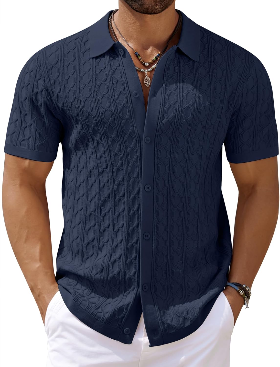 Men's Knit Short Sleeve Shirts Button Down Vintage Knitted Polo Shirt - Picture 73 of 76