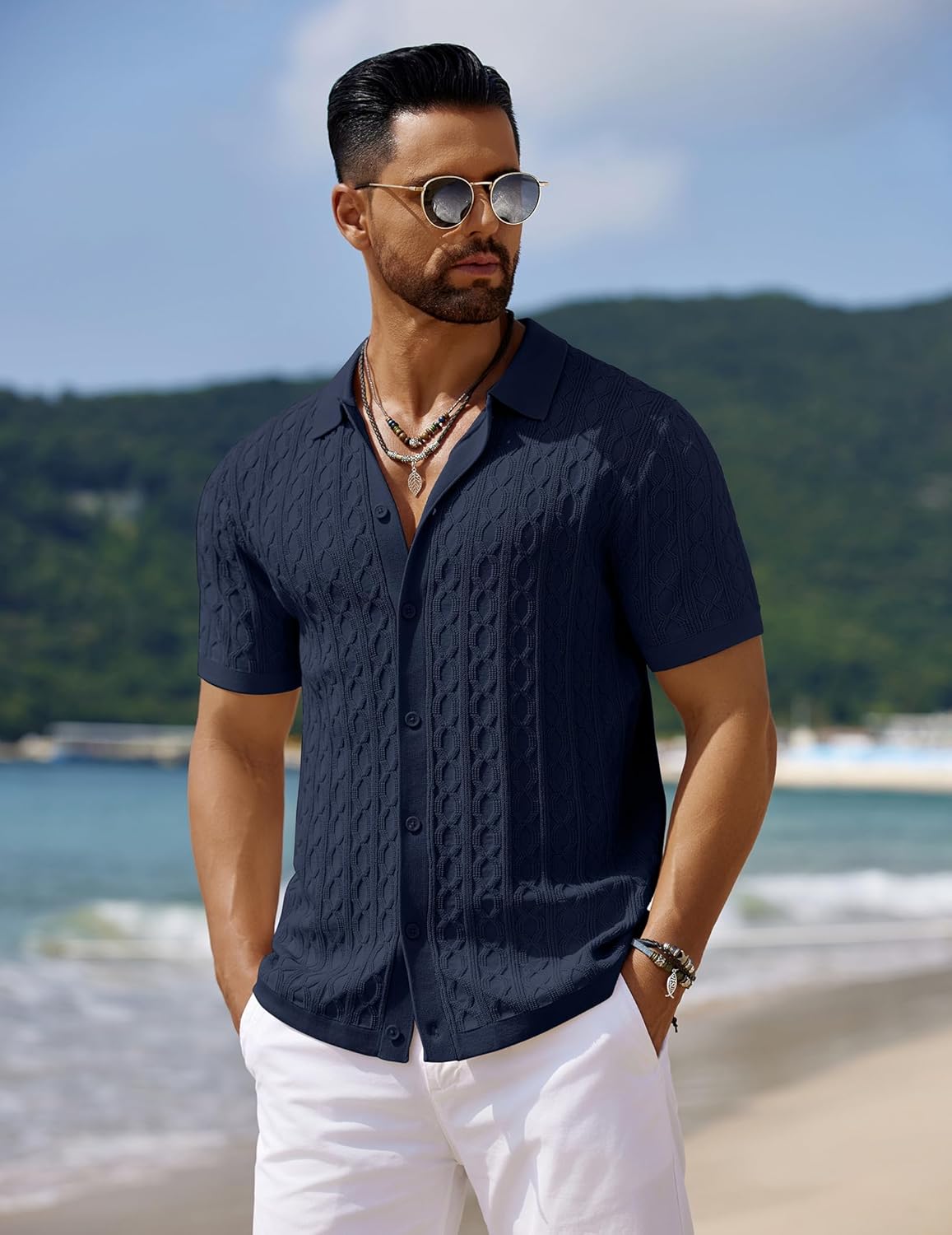 Men's Knit Short Sleeve Shirts Button Down Vintage Knitted Polo Shirt - Picture 76 of 76