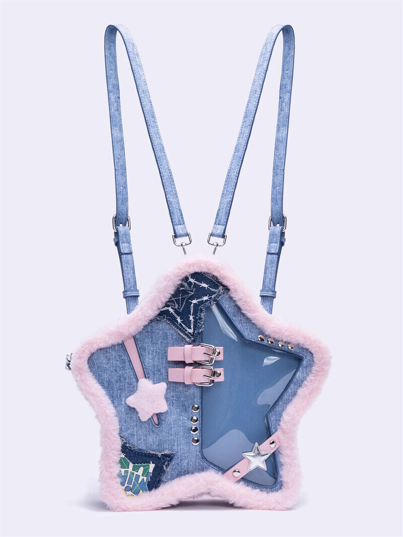 Denim Blue Pink Five-pointed Star Itabag Plush Backpack Women's Shoulder Bag - Picture 24 of 24