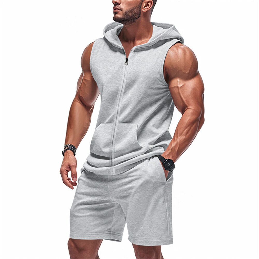 Herren Fitness Trainingsanzug 2-teiliges Set Ärmellos Kapuze Weste T-Shirt Shorts Outfit Set - Bild 18 von 20