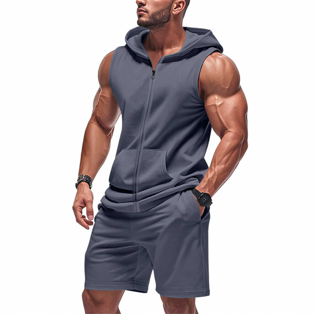 Herren Fitness Trainingsanzug 2-teiliges Set Ärmellos Kapuze Weste T-Shirt Shorts Outfit Set - Bild 19 von 20