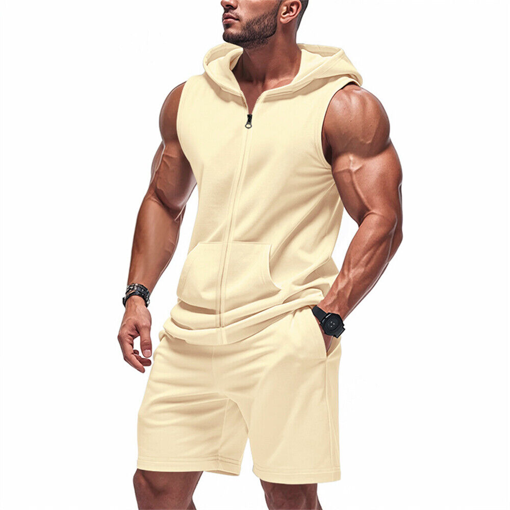 Herren Fitness Trainingsanzug 2-teiliges Set Ärmellos Kapuze Weste T-Shirt Shorts Outfit Set - Bild 16 von 20