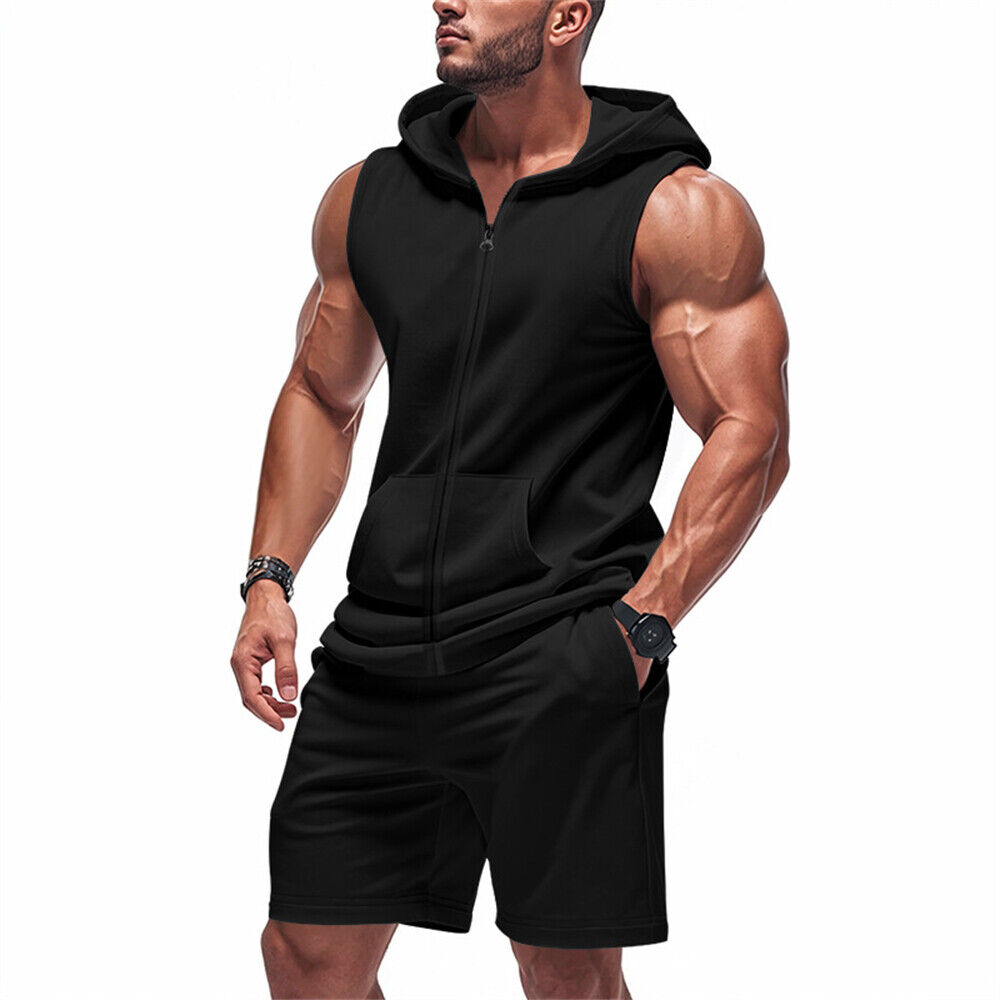 Herren Fitness Trainingsanzug 2-teiliges Set Ärmellos Kapuze Weste T-Shirt Shorts Outfit Set - Bild 17 von 20