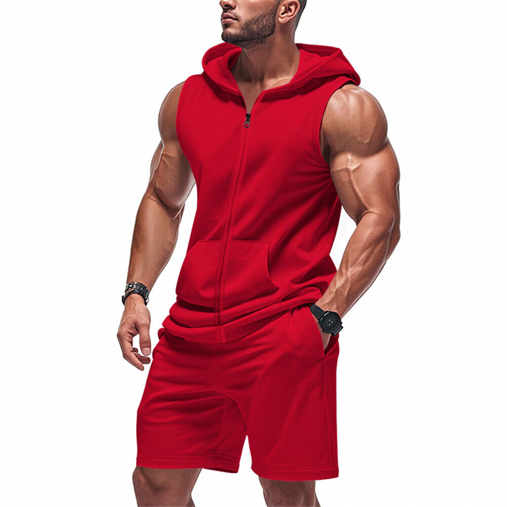 Herren Fitness Trainingsanzug 2-teiliges Set Ärmellos Kapuze Weste T-Shirt Shorts Outfit Set - Bild 20 von 20
