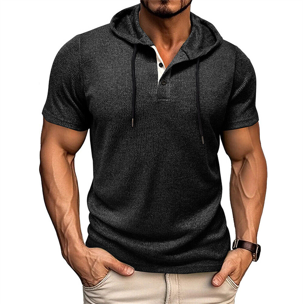 Herren Kapuzen Kurzarm Henley Hemd Freizeit Slim Shirts Sport Tops Bluse - Bild 20 von 23