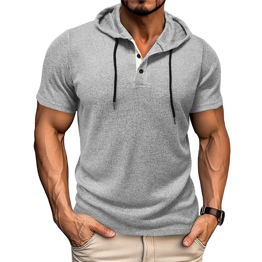 Herren Kapuzen Kurzarm Henley Hemd Freizeit Slim Shirts Sport Tops Bluse - Bild 22 von 23