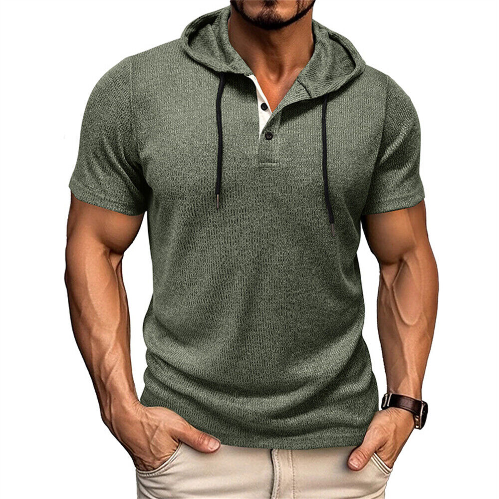 Herren Kapuzen Kurzarm Henley Hemd Freizeit Slim Shirts Sport Tops Bluse - Bild 18 von 23