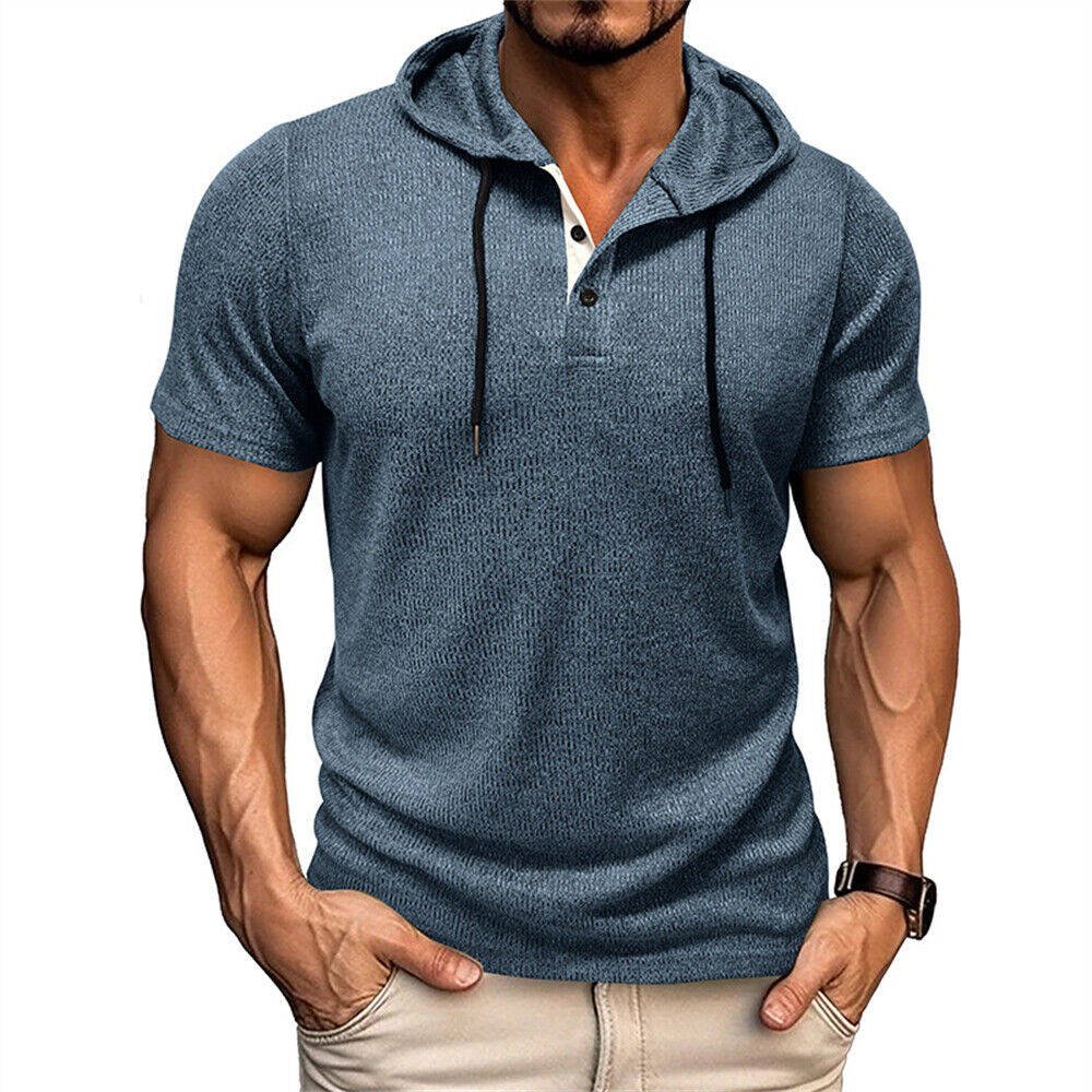 Herren Kapuzen Kurzarm Henley Hemd Freizeit Slim Shirts Sport Tops Bluse - Bild 19 von 23