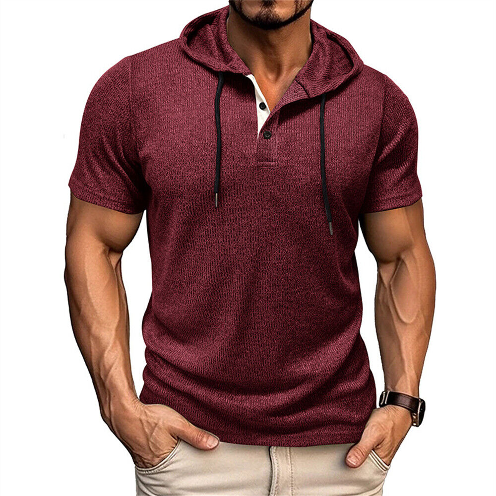 Herren Kapuzen Kurzarm Henley Hemd Freizeit Slim Shirts Sport Tops Bluse - Bild 21 von 23