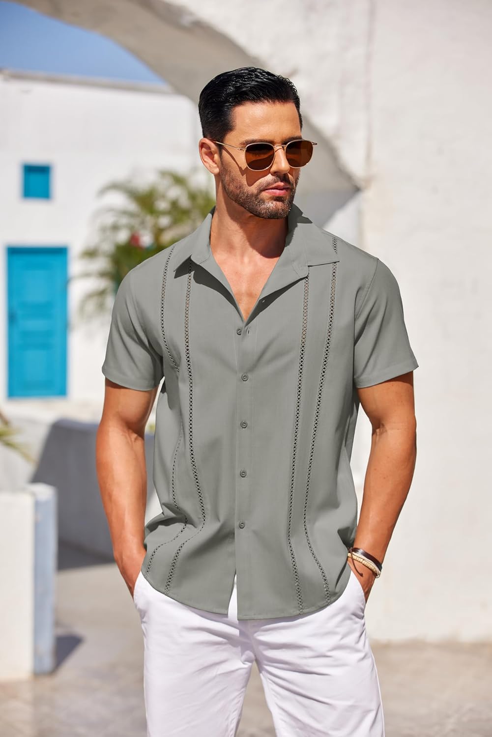 Herren Kubanisches Guayabera Hemd Kurzarm Button Down Hemden Freizeit Sommer - Bild 53 von 84