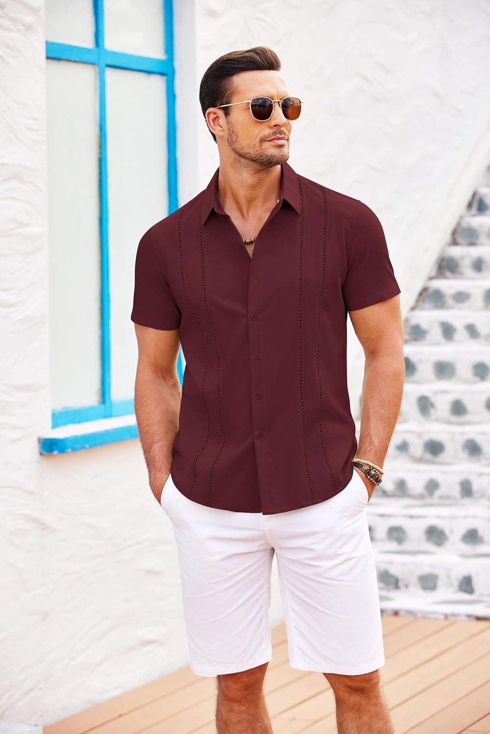 Herren Kubanisches Guayabera Hemd Kurzarm Button Down Hemden Freizeit Sommer - Bild 82 von 84