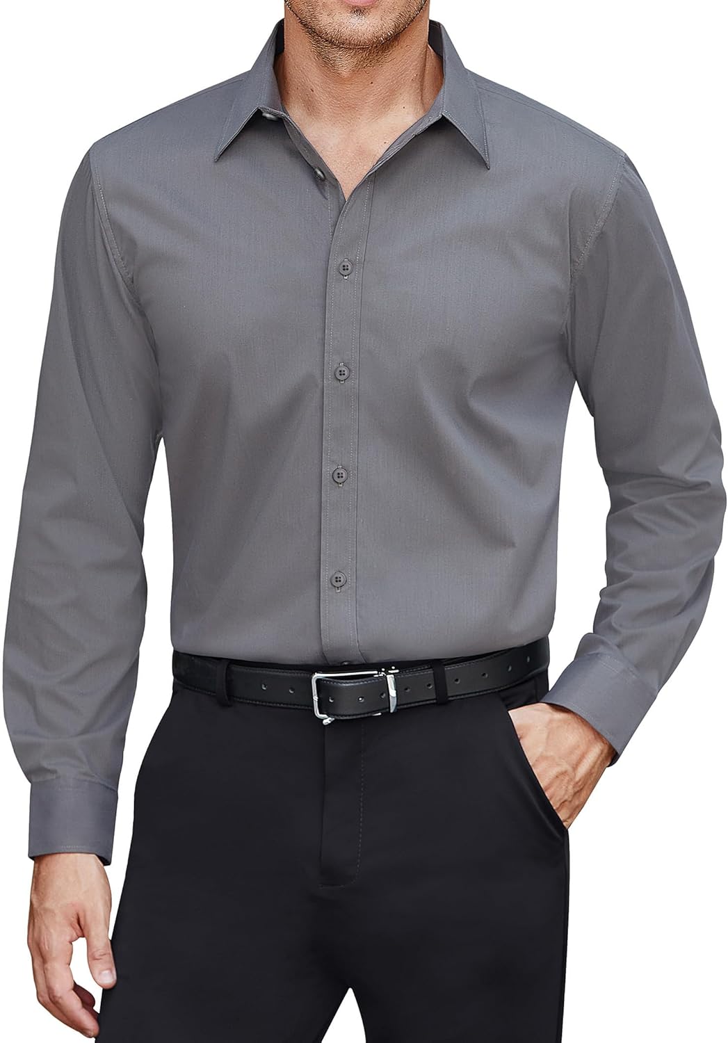 Men's Dress Shirts Stretch Stain Shield Long Sleeve Solid Formal Shirt - Bild 37 von 50