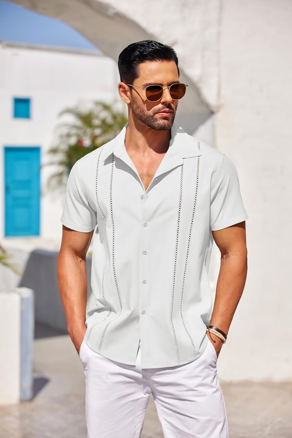 Herren Kubanisches Guayabera Hemd Kurzarm Button Down Hemden Freizeit Sommer - Bild 28 von 84