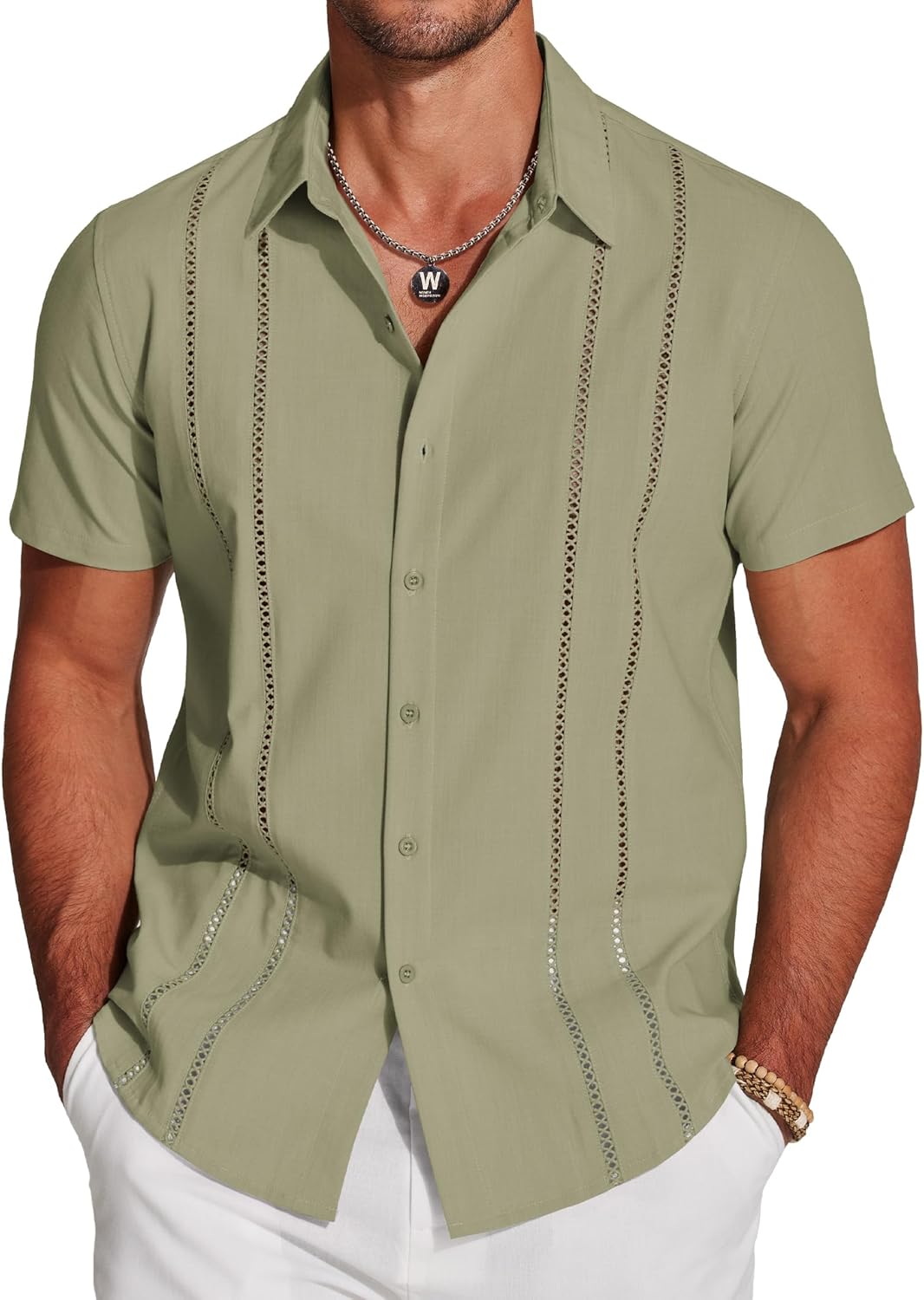 Herren Kubanisches Guayabera Hemd Kurzarm Button Down Hemden Freizeit Sommer - Bild 35 von 84