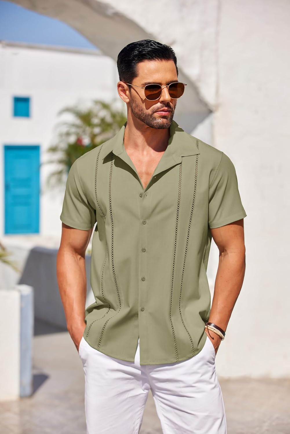 Herren Kubanisches Guayabera Hemd Kurzarm Button Down Hemden Freizeit Sommer - Bild 38 von 84