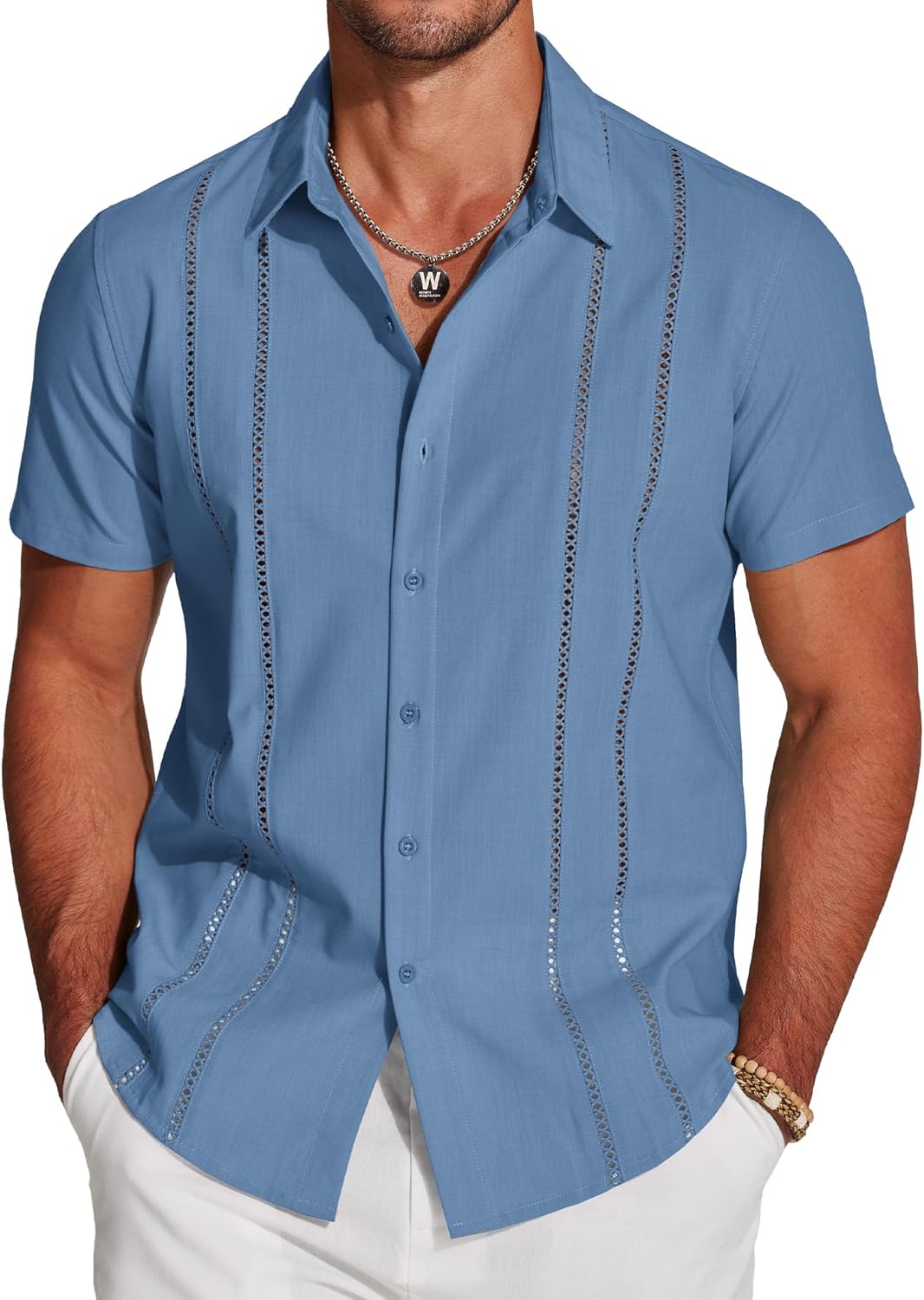 Herren Kubanisches Guayabera Hemd Kurzarm Button Down Hemden Freizeit Sommer - Bild 30 von 84