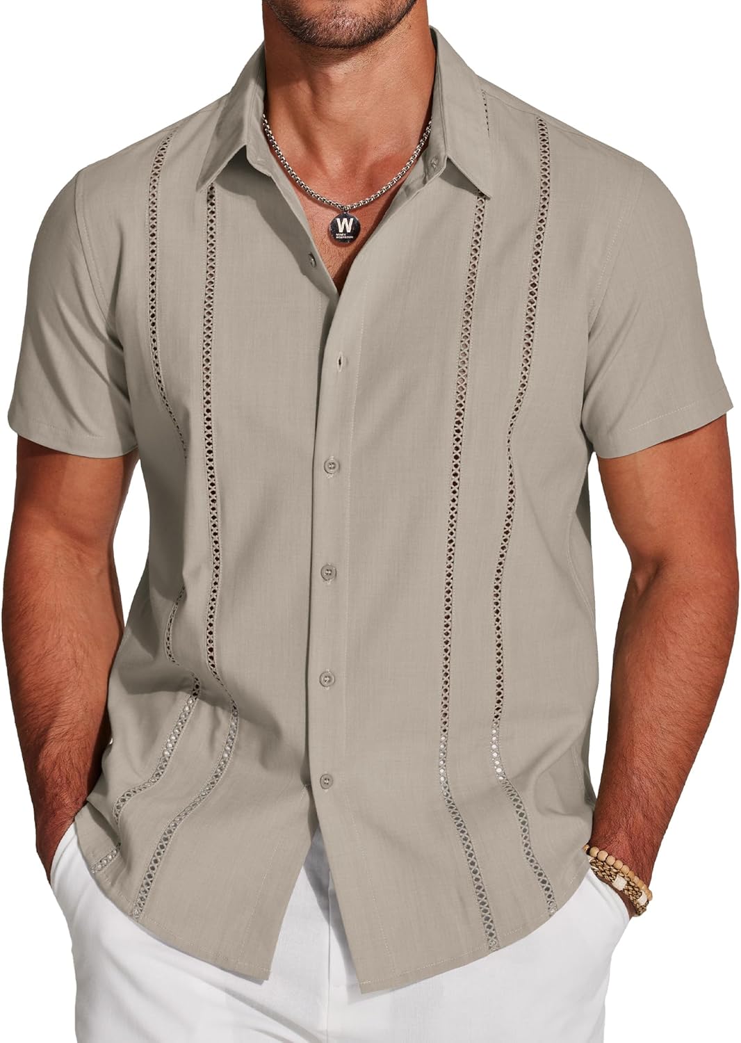 Herren Kubanisches Guayabera Hemd Kurzarm Button Down Hemden Freizeit Sommer - Bild 40 von 84