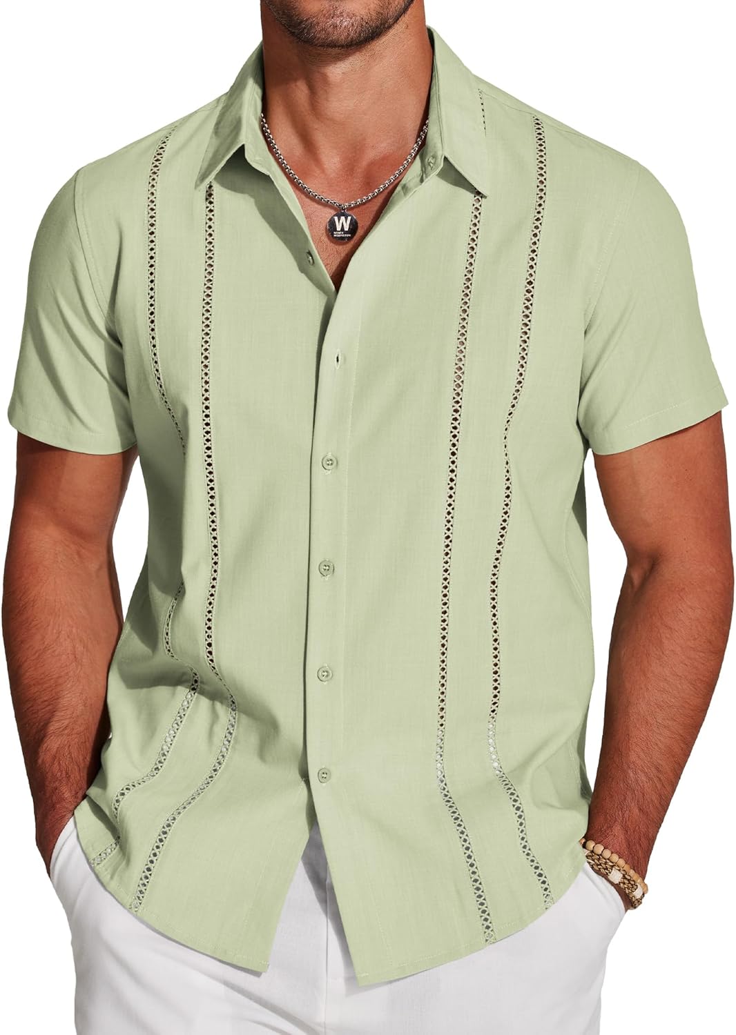Herren Kubanisches Guayabera Hemd Kurzarm Button Down Hemden Freizeit Sommer - Bild 45 von 84