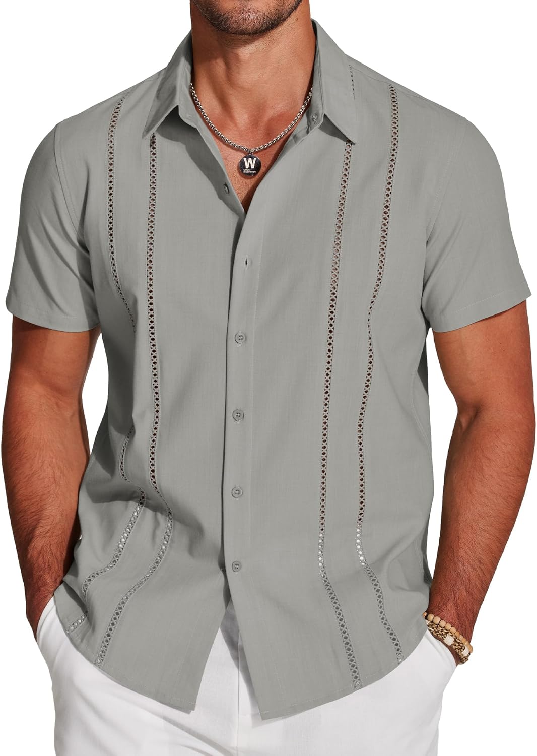 Herren Kubanisches Guayabera Hemd Kurzarm Button Down Hemden Freizeit Sommer - Bild 50 von 84