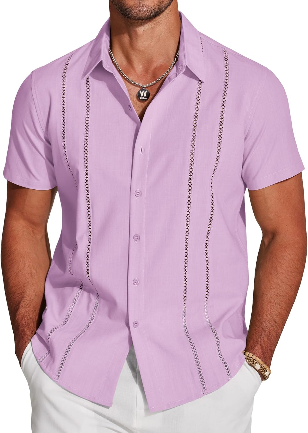 Herren Kubanisches Guayabera Hemd Kurzarm Button Down Hemden Freizeit Sommer - Bild 55 von 84