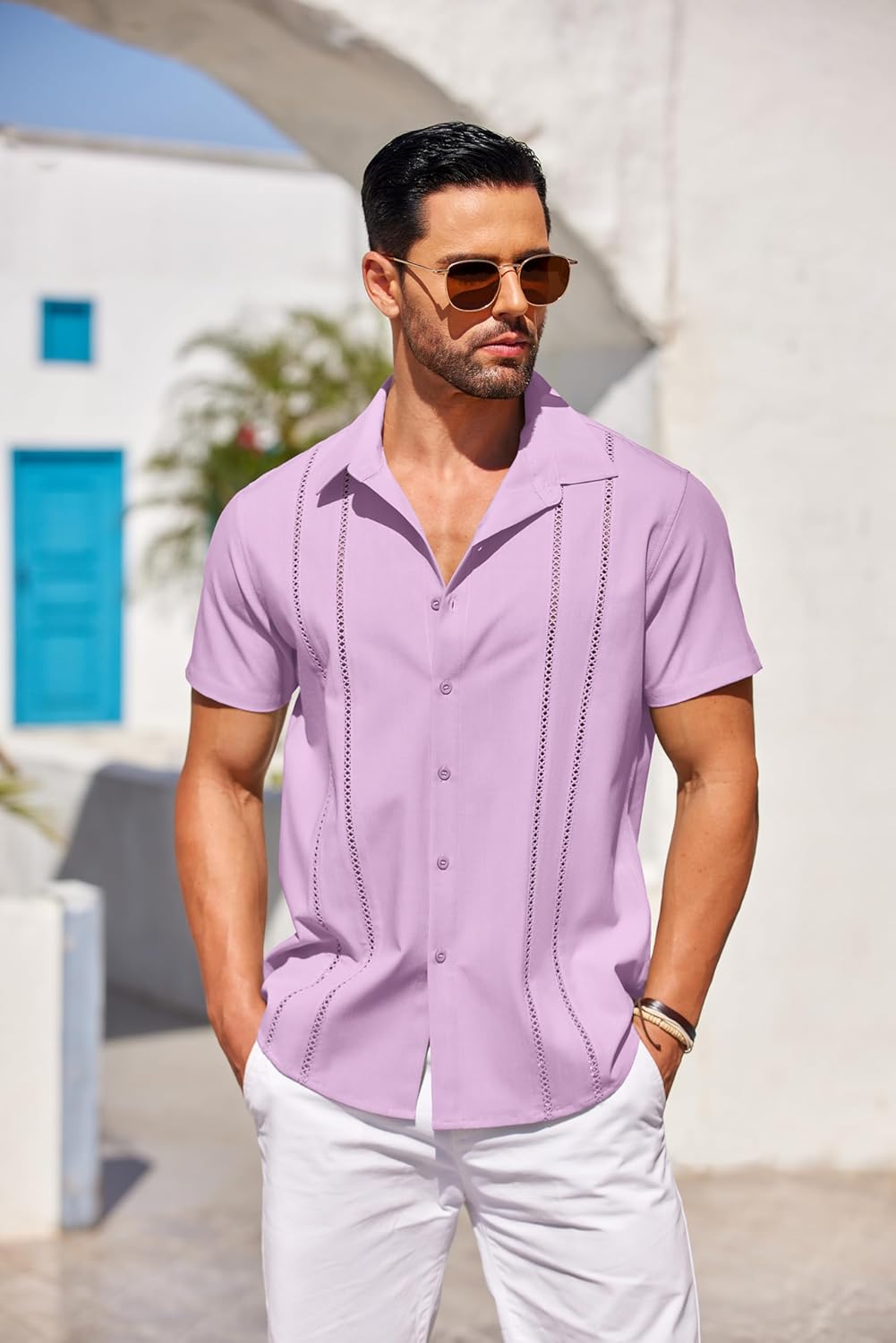 Herren Kubanisches Guayabera Hemd Kurzarm Button Down Hemden Freizeit Sommer - Bild 57 von 84