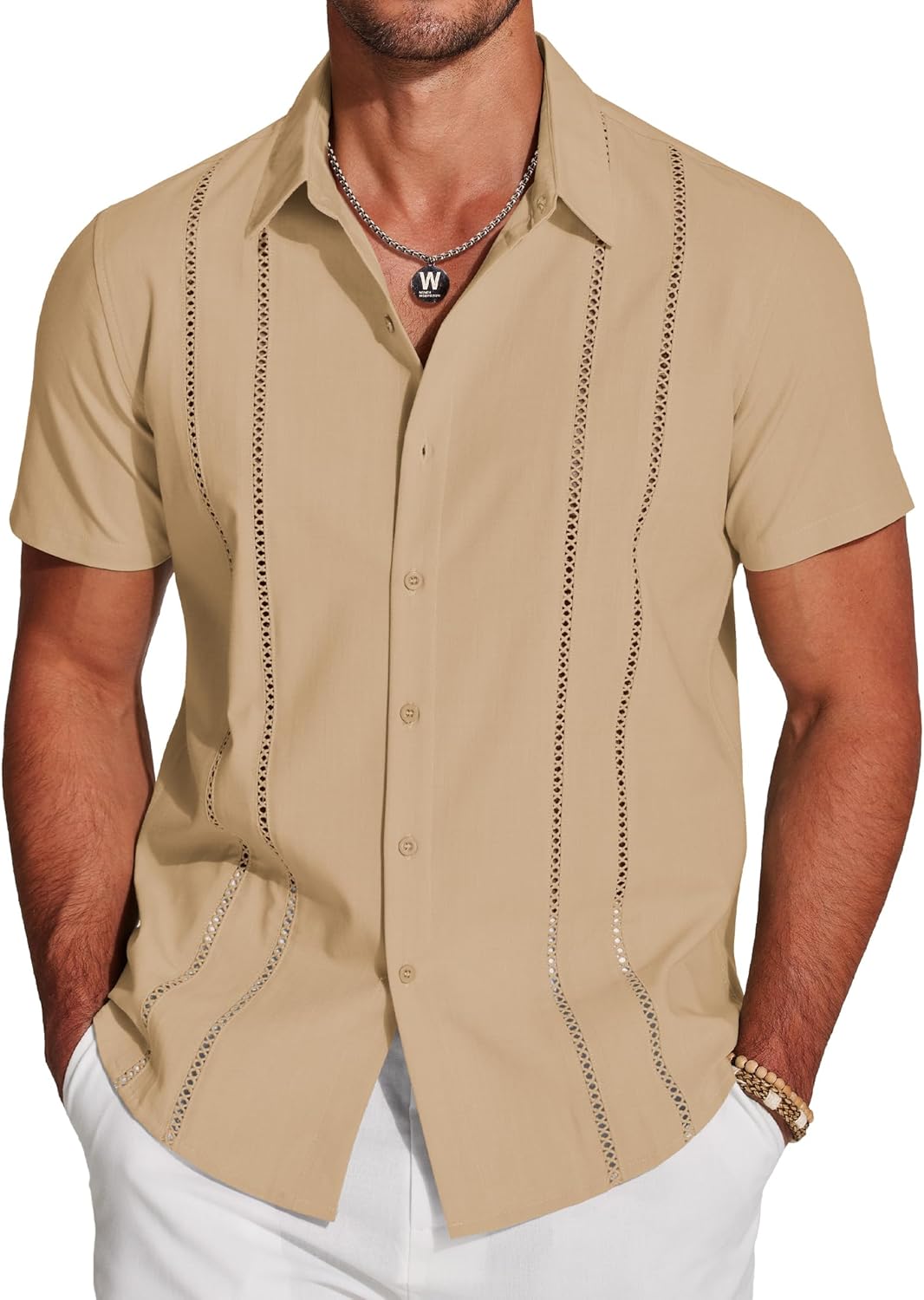 Herren Kubanisches Guayabera Hemd Kurzarm Button Down Hemden Freizeit Sommer - Bild 60 von 84