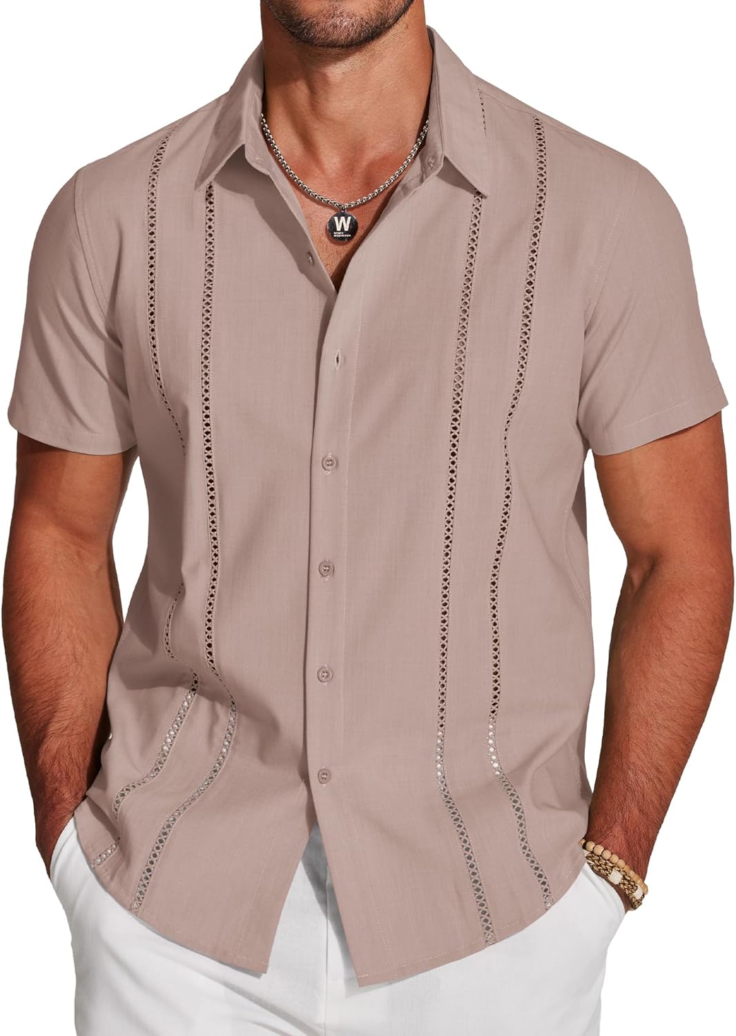Herren Kubanisches Guayabera Hemd Kurzarm Button Down Hemden Freizeit Sommer - Bild 65 von 84