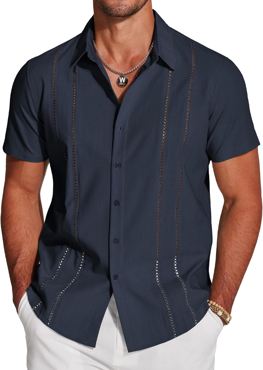 Herren Kubanisches Guayabera Hemd Kurzarm Button Down Hemden Freizeit Sommer - Bild 70 von 84