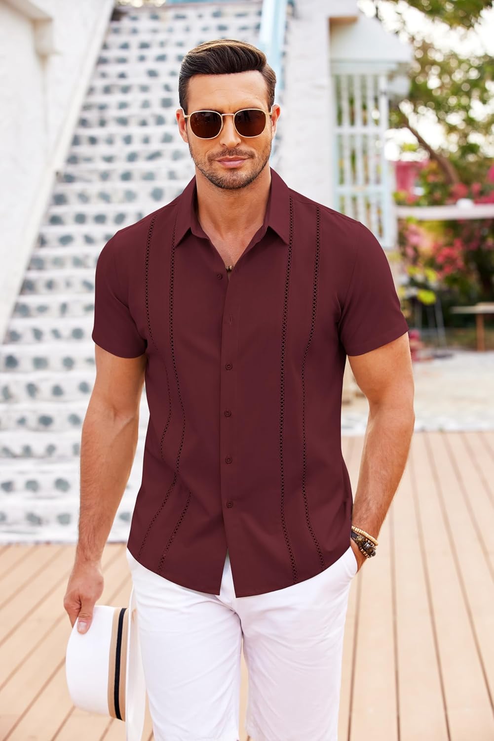 Herren Kubanisches Guayabera Hemd Kurzarm Button Down Hemden Freizeit Sommer - Bild 81 von 84